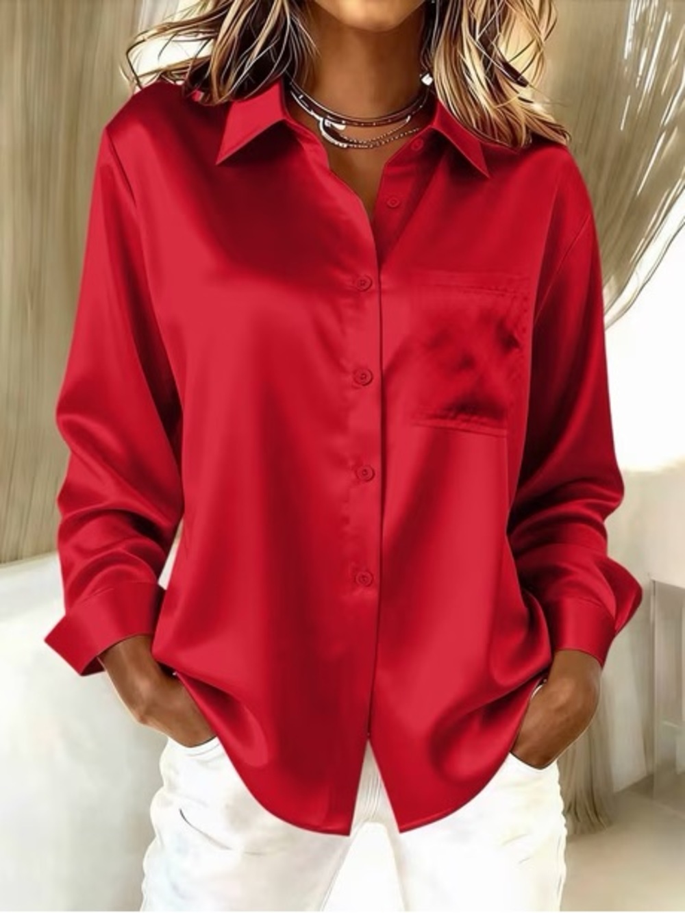 Red Satin Button Down Blouse